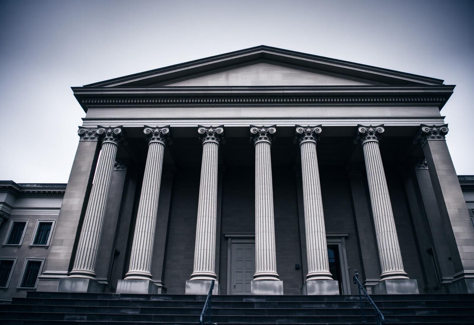 Neoclassical court building with tall stone columns