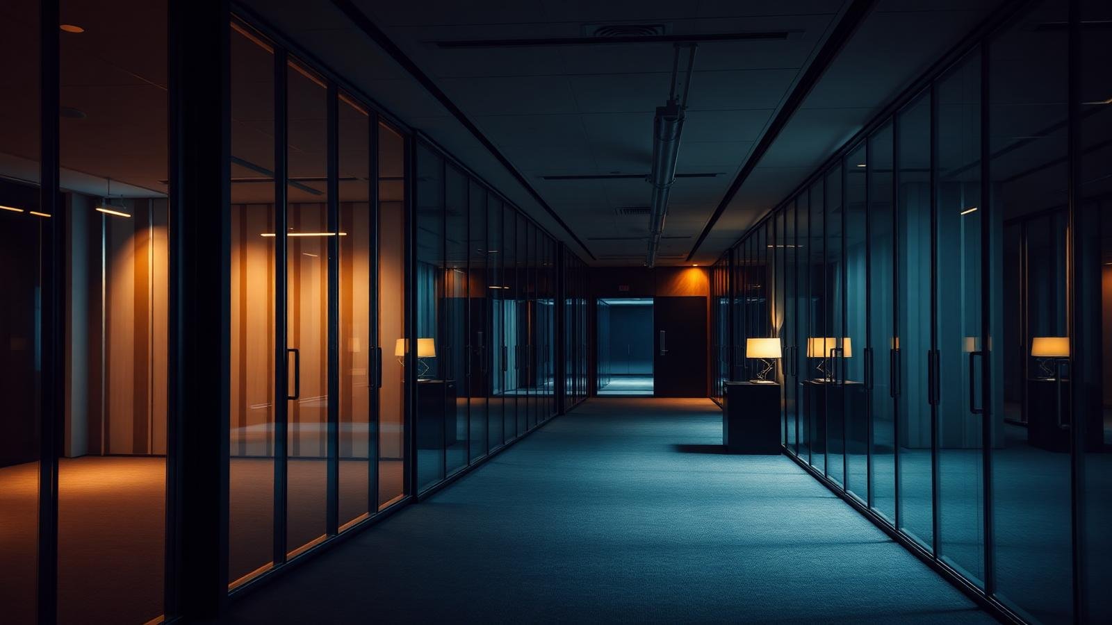 Modern law office corridor with warm lighting