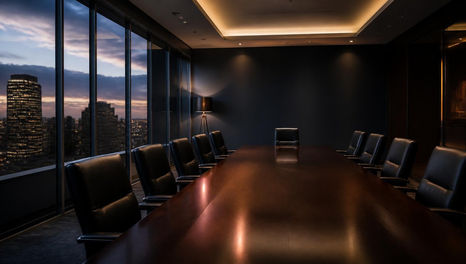 Boardroom of a modern law office overlooking a city skyline at dusk