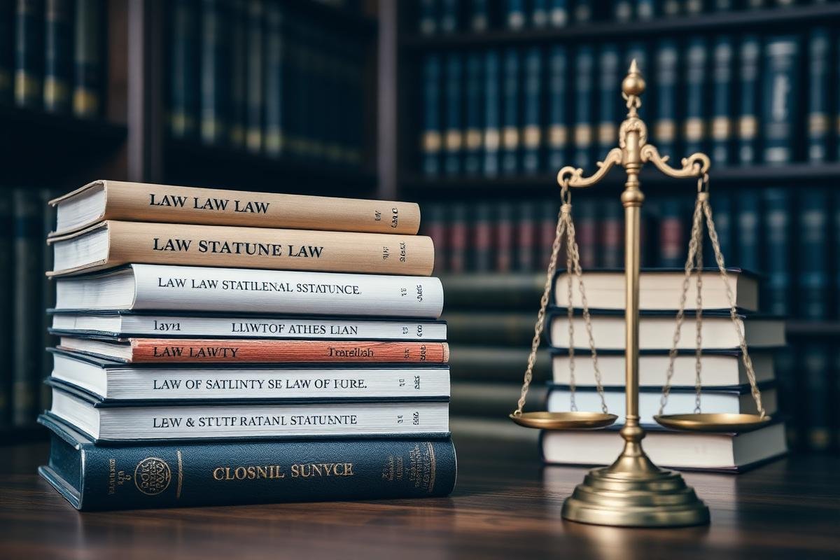 Law books and statute volumes in a legal library