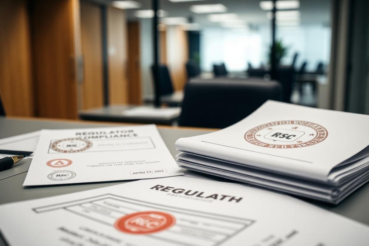 Regulatory compliance documents with official stamps on an office desk