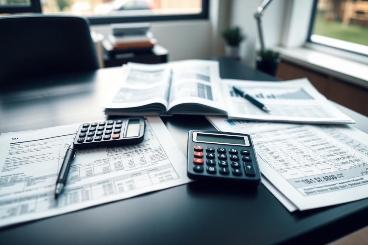 Tax documents, calculator and financial statements on an office desk